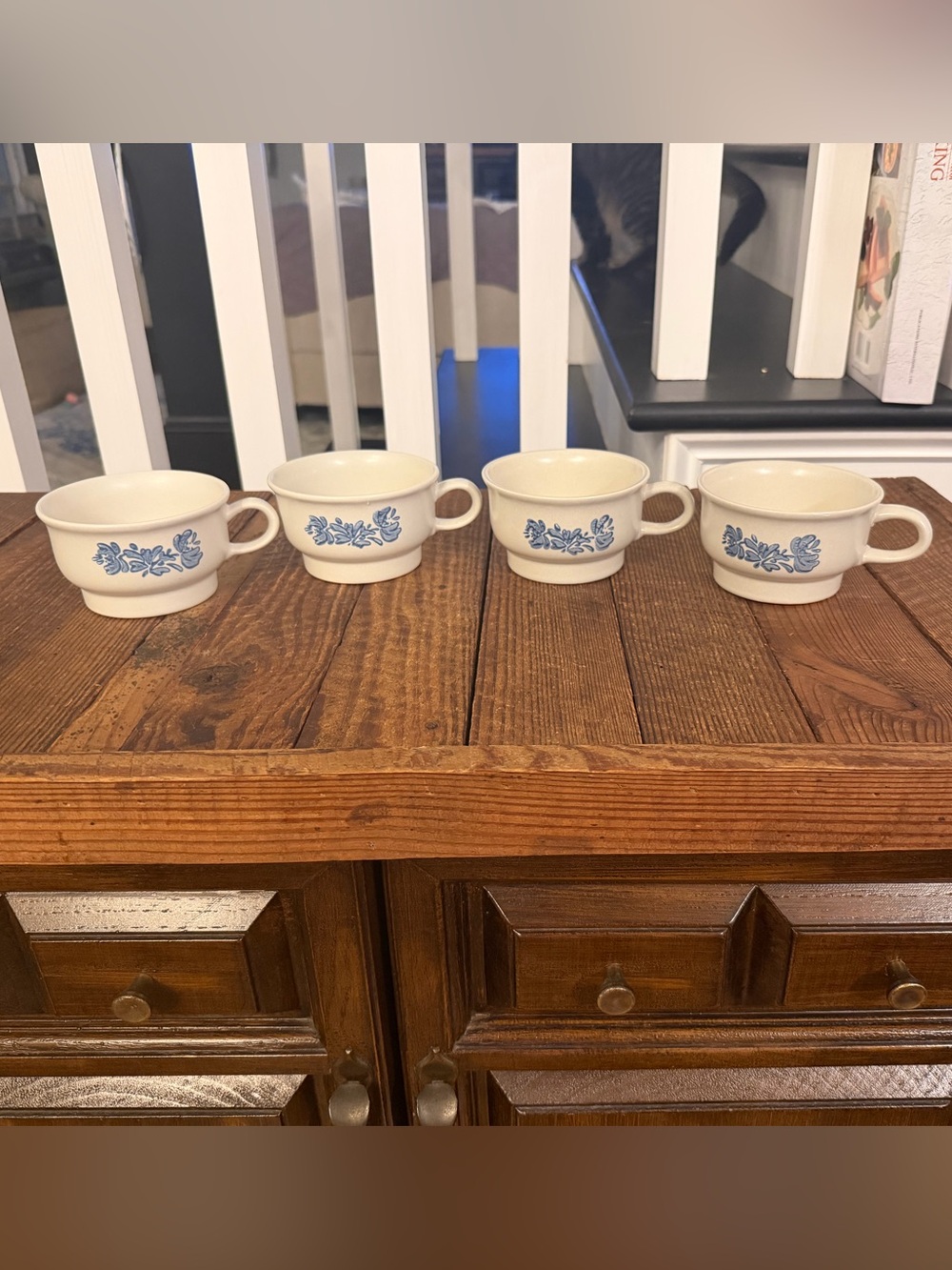 Cream Pfaltzgraff Stoneware Mugs with Blue Floral Pattern - Set of 4